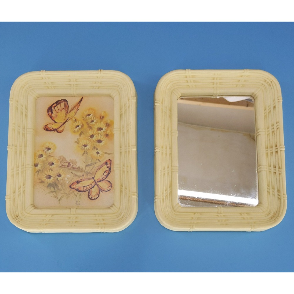 vtg Wall Decor Set Faux Bamboo Butterfly Mirror Art